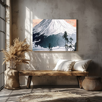 This exquisite print captures the serene beauty of Mount Fuji as the sun sets, casting a gentle for Veranda