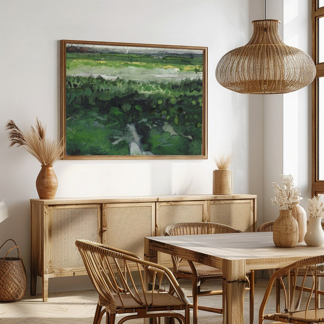 This watercolor artwork captures the essence of tranquility with a vast meadow stretching into the for Dining