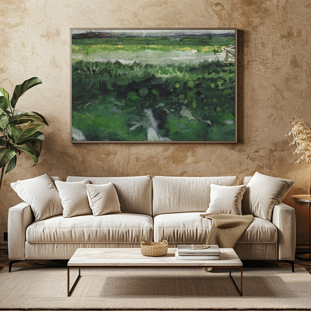 This watercolor artwork captures the essence of tranquility with a vast meadow stretching into the for Family Room