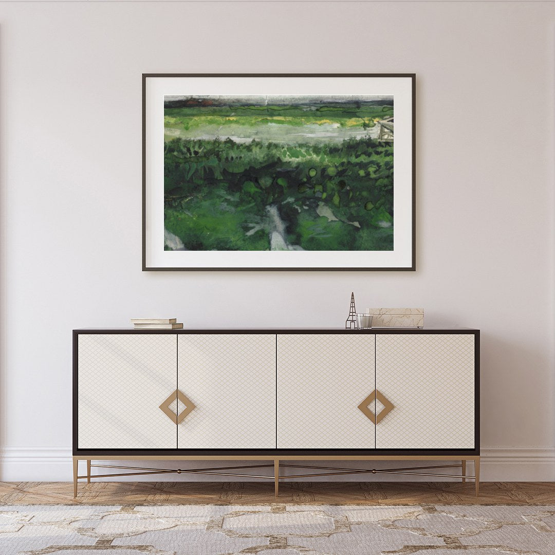 This watercolor artwork captures the essence of tranquility with a vast meadow stretching into the for Foyer