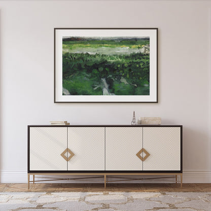 This watercolor artwork captures the essence of tranquility with a vast meadow stretching into the for Foyer