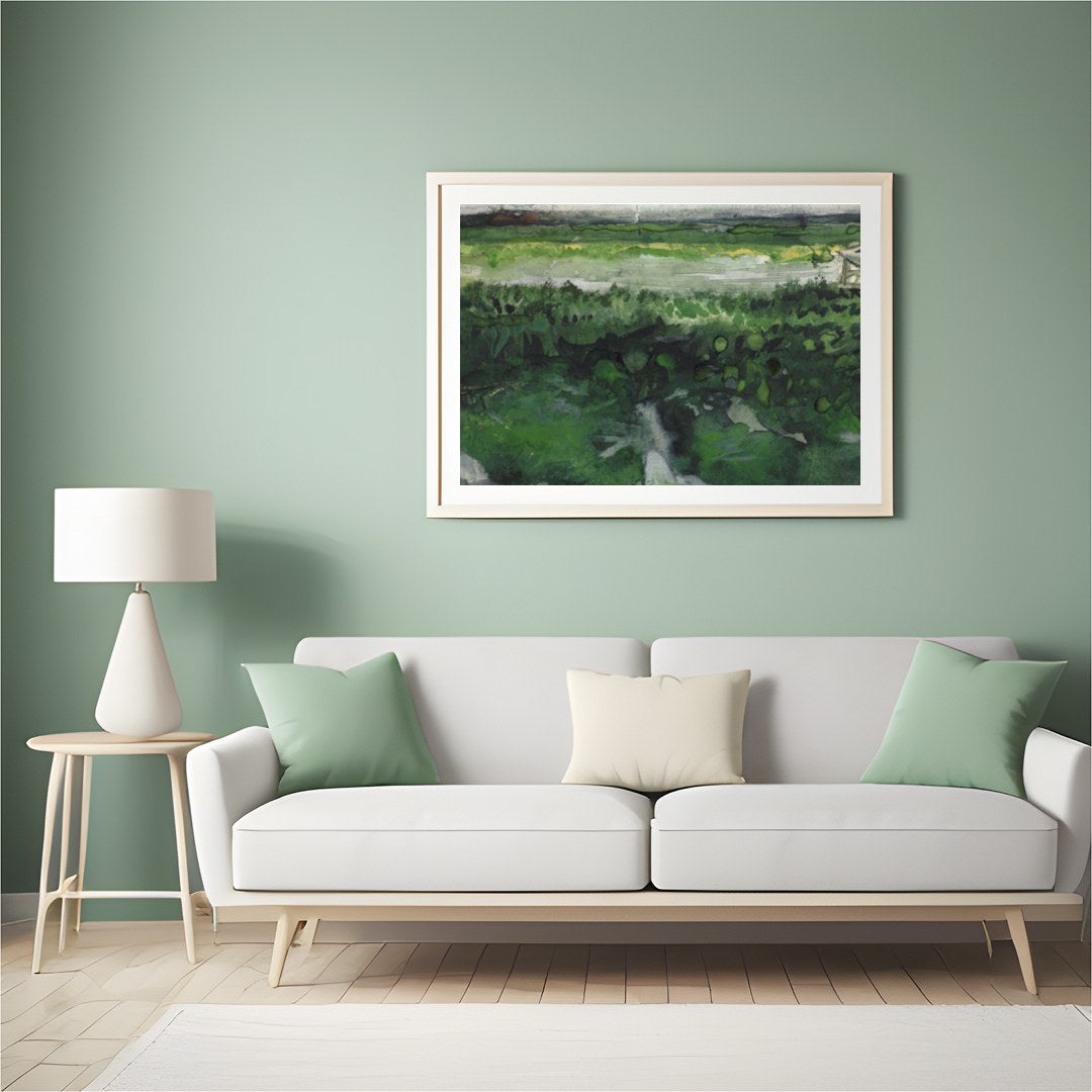 This watercolor artwork captures the essence of tranquility with a vast meadow stretching into the for Hall