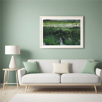 This watercolor artwork captures the essence of tranquility with a vast meadow stretching into the for Hall