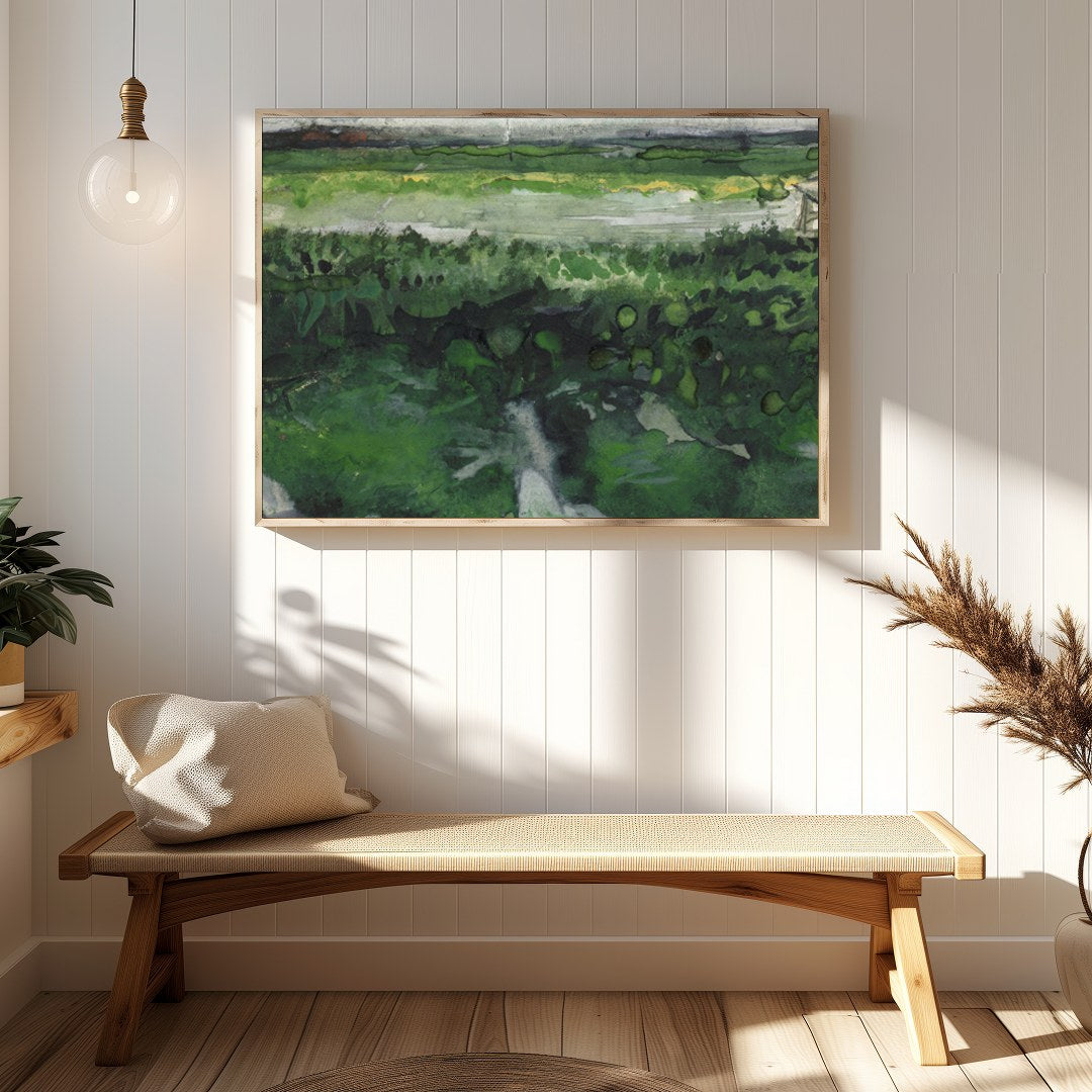 This watercolor artwork captures the essence of tranquility with a vast meadow stretching into the for Hallway
