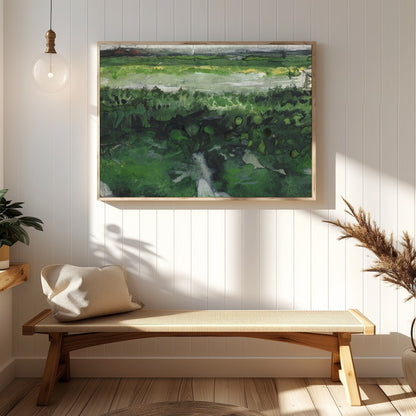 This watercolor artwork captures the essence of tranquility with a vast meadow stretching into the for Hallway