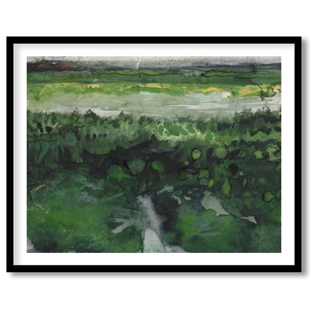 This watercolor artwork captures the essence of tranquility with a vast meadow stretching into the for house