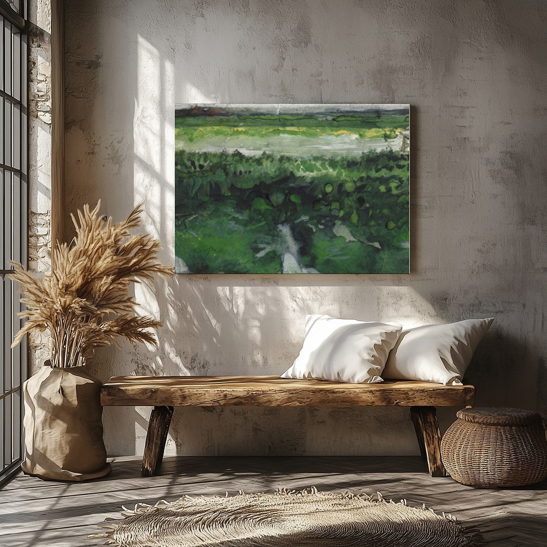This watercolor artwork captures the essence of tranquility with a vast meadow stretching into the for Veranda