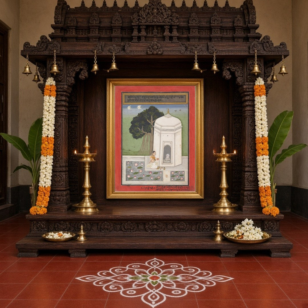 Immerse yourself in the tranquility of Indian culture with this exquisite artwork depicting a for Home Temple