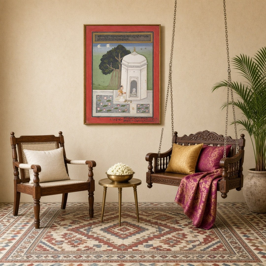 Immerse yourself in the tranquility of Indian culture with this exquisite artwork depicting a for Sitting Lounge