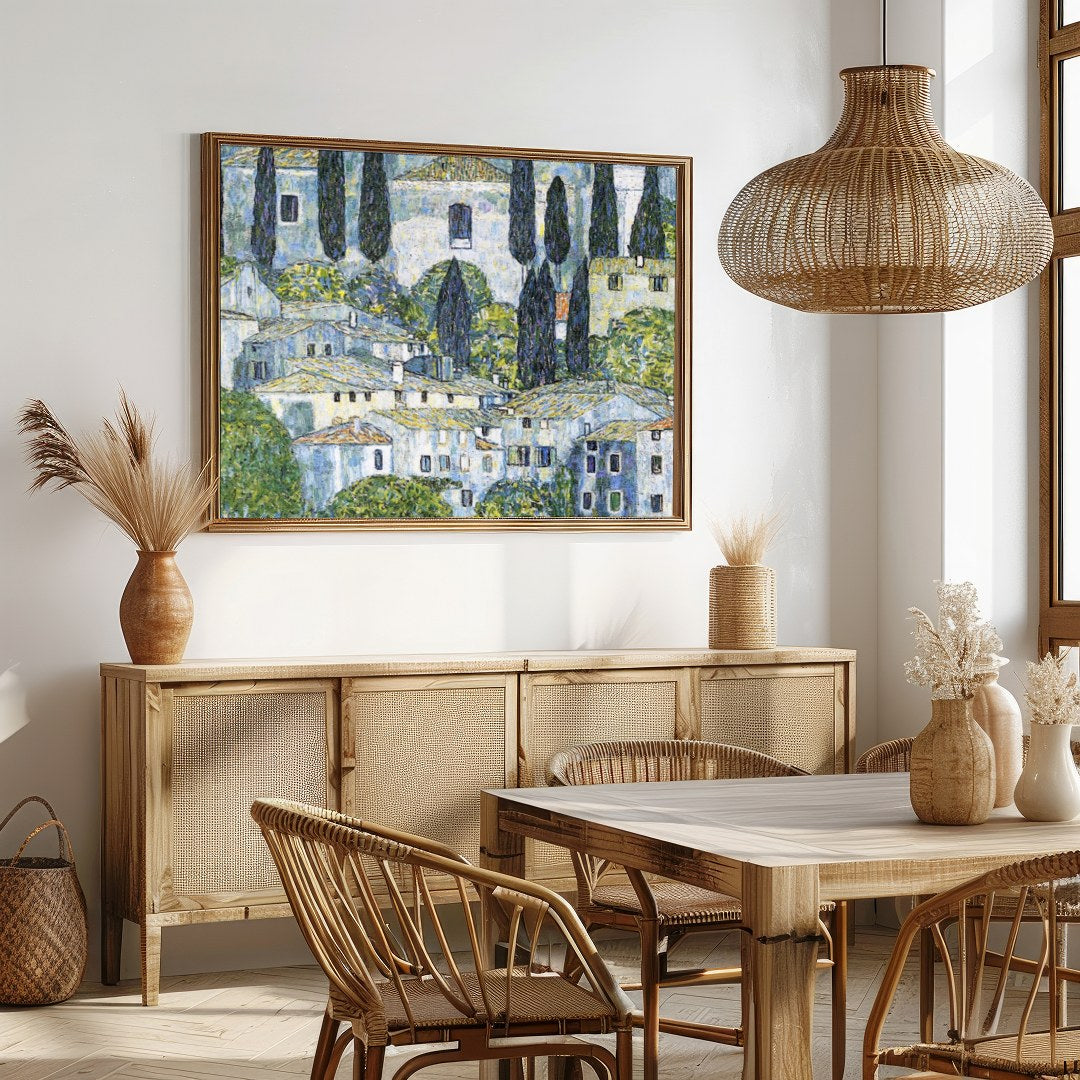 Immerse yourself in the tranquil beauty of this Mediterranean village, captured with intricate for Dining