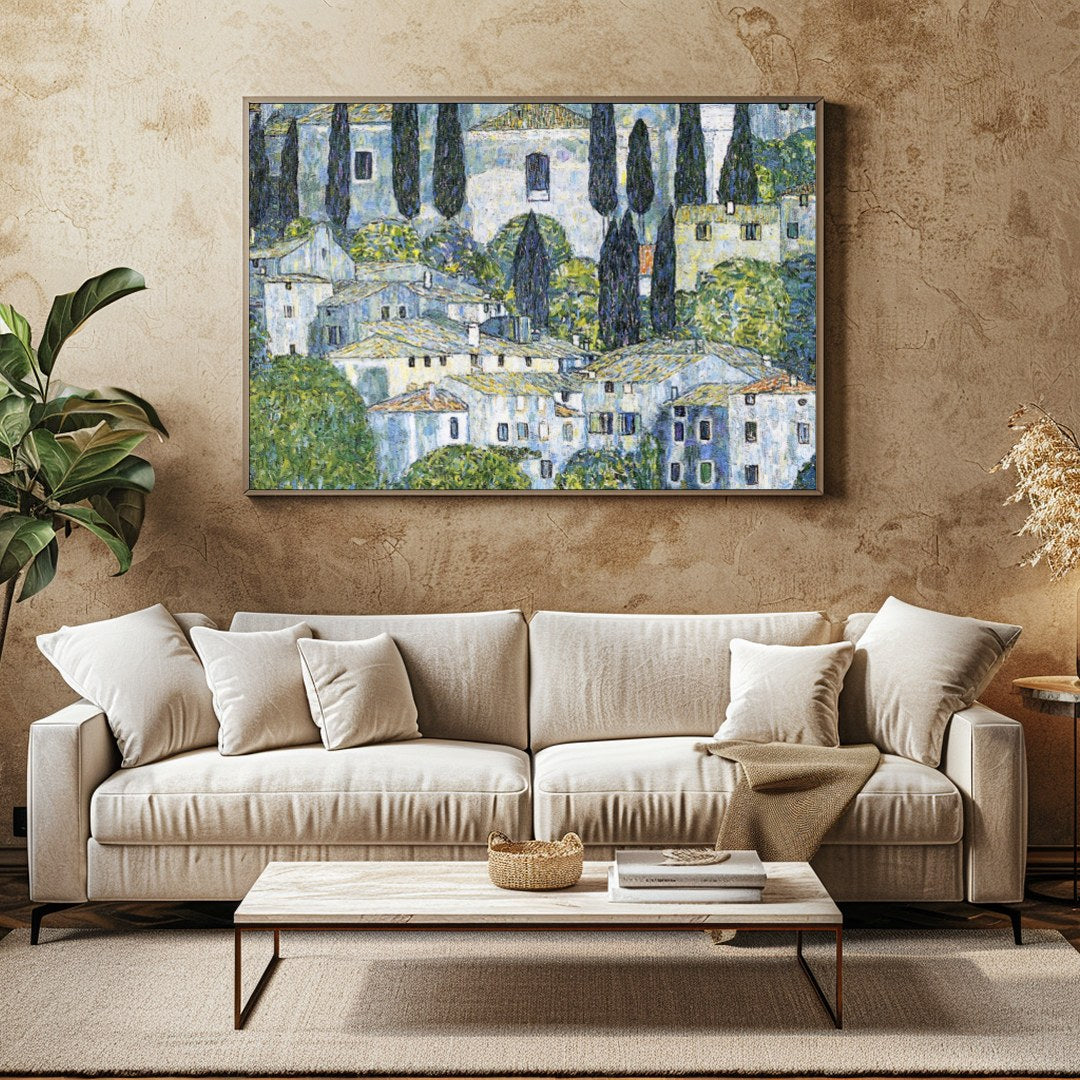 Immerse yourself in the tranquil beauty of this Mediterranean village, captured with intricate for Family Room