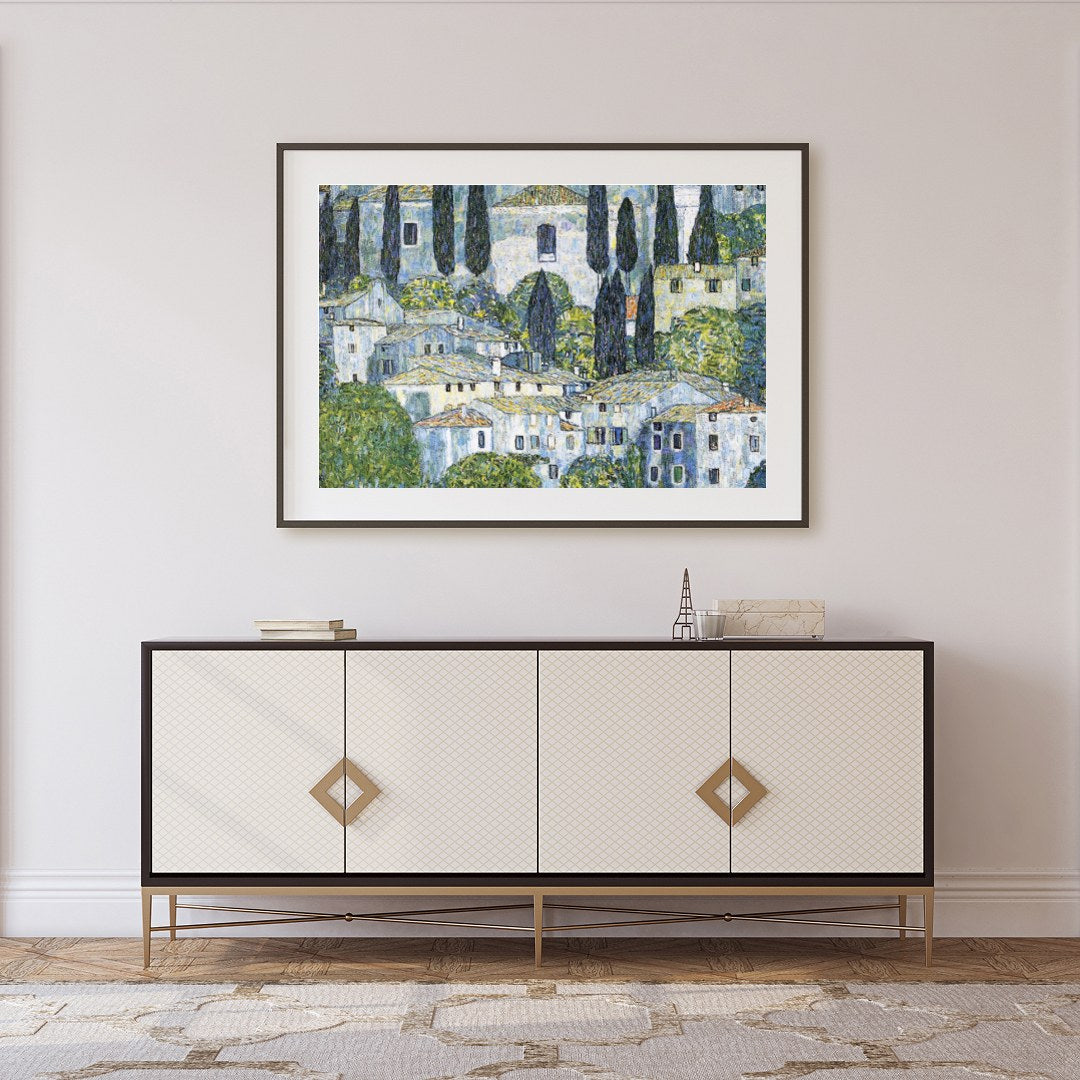 Immerse yourself in the tranquil beauty of this Mediterranean village, captured with intricate for Foyer