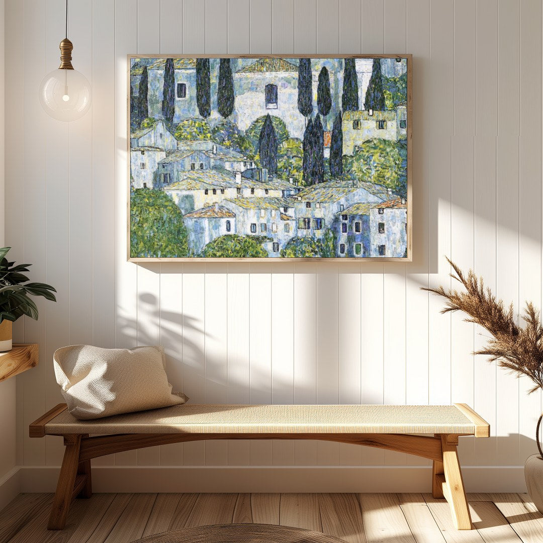 Immerse yourself in the tranquil beauty of this Mediterranean village, captured with intricate for Hallway