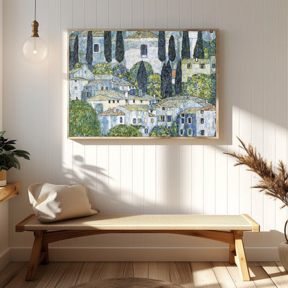 Immerse yourself in the tranquil beauty of this Mediterranean village, captured with intricate for Hallway