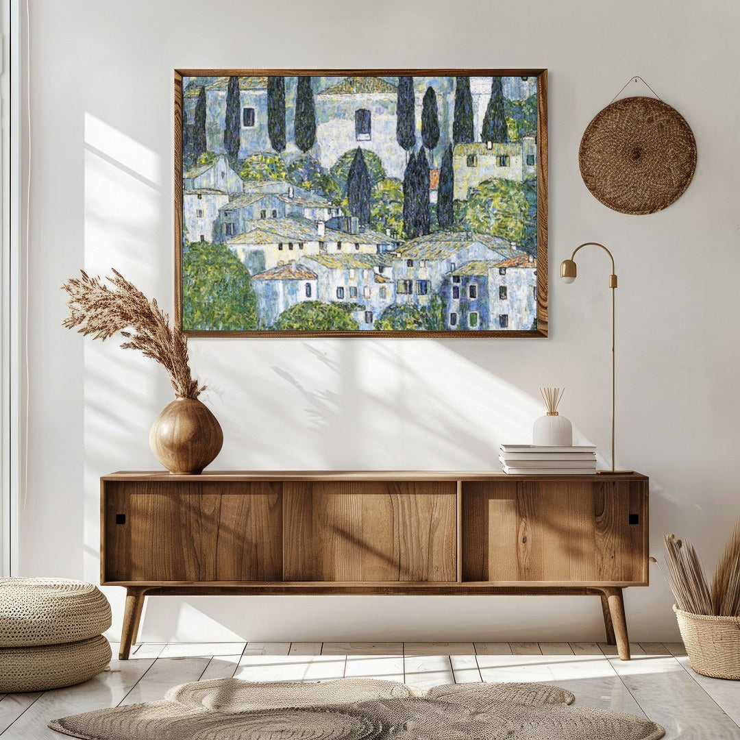 Immerse yourself in the tranquil beauty of this Mediterranean village, captured with intricate for Sitting Area