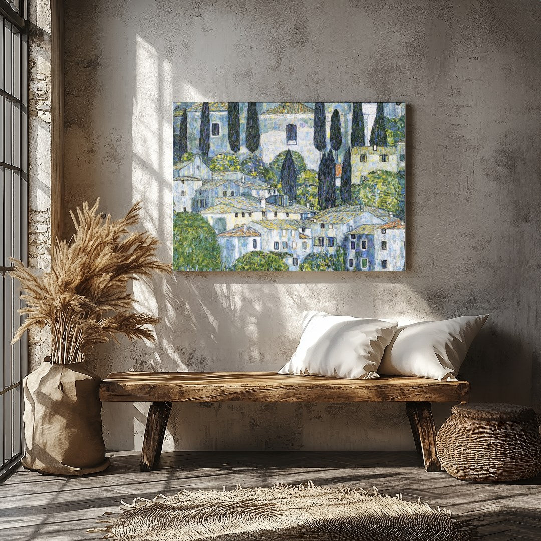 Immerse yourself in the tranquil beauty of this Mediterranean village, captured with intricate for Veranda