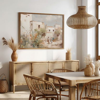 Capture the tranquil essence of a Mediterranean village with this exquisite artwork. The soft for Dining