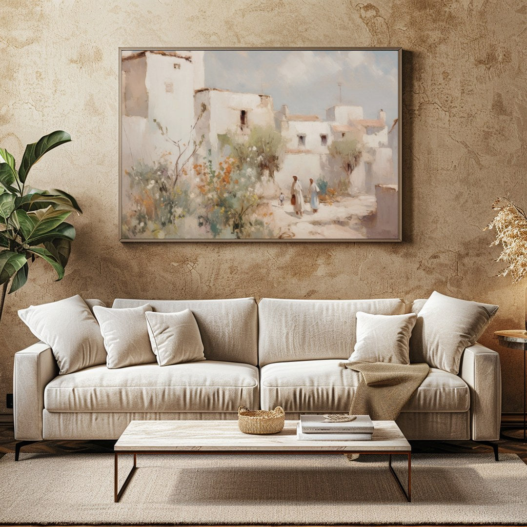 Capture the tranquil essence of a Mediterranean village with this exquisite artwork. The soft for Family Room