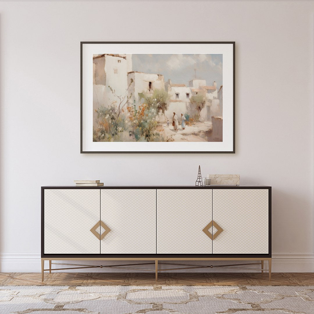 Capture the tranquil essence of a Mediterranean village with this exquisite artwork. The soft for Foyer