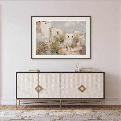 Capture the tranquil essence of a Mediterranean village with this exquisite artwork. The soft for Foyer