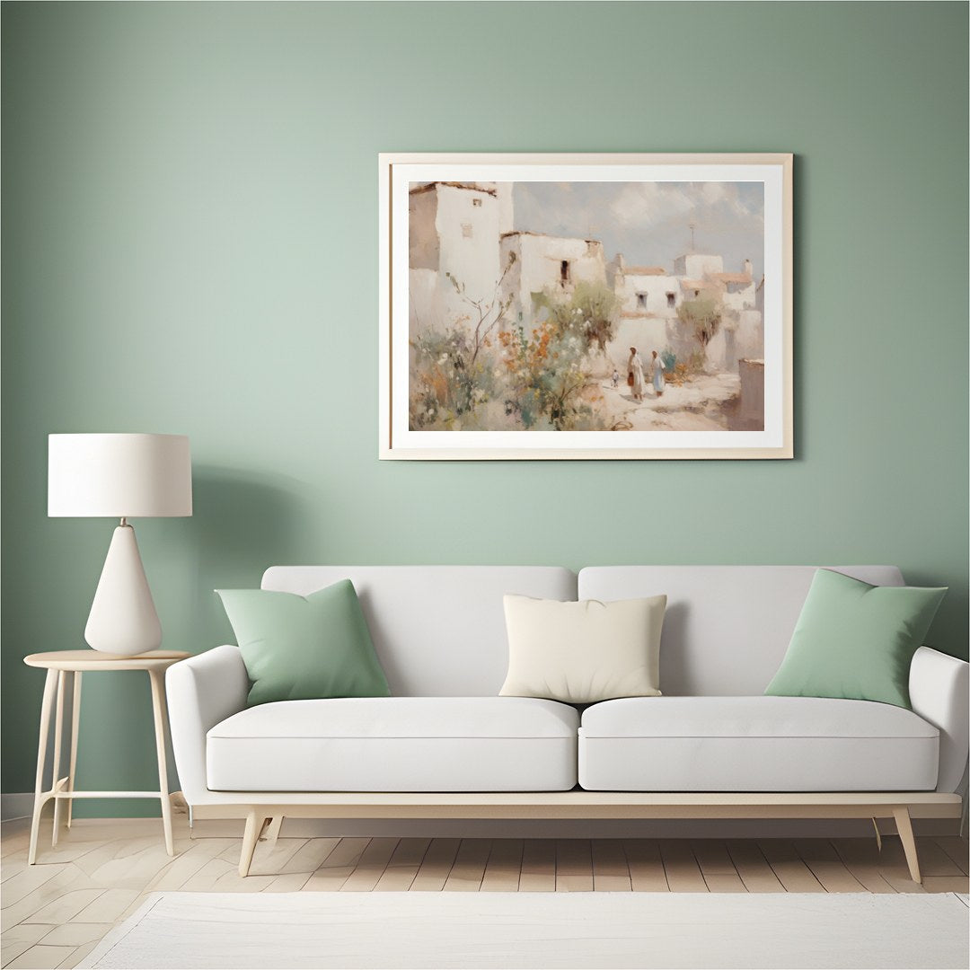 Capture the tranquil essence of a Mediterranean village with this exquisite artwork. The soft for Hall