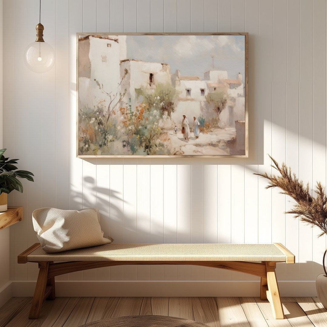 Capture the tranquil essence of a Mediterranean village with this exquisite artwork. The soft for Hallway