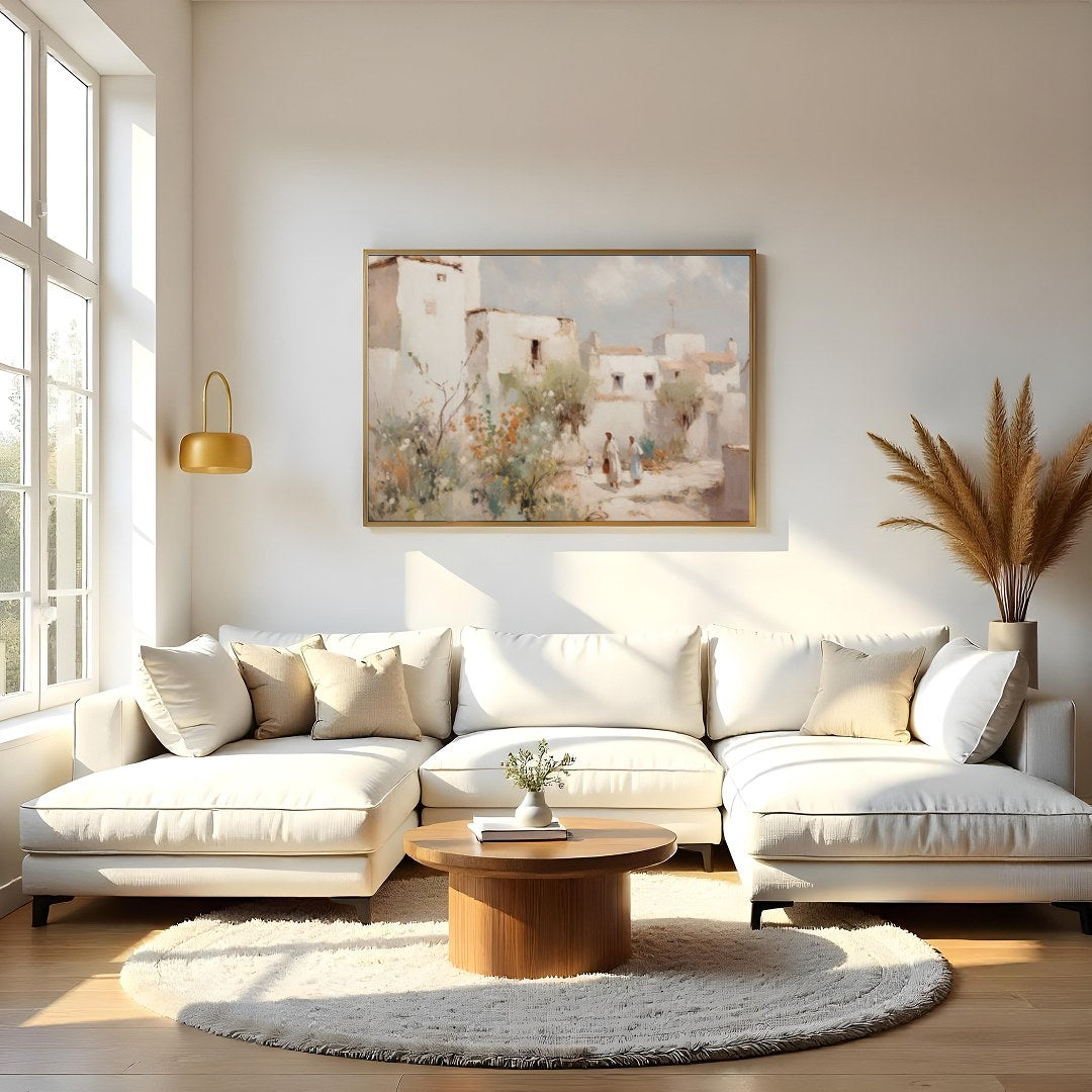 Capture the tranquil essence of a Mediterranean village with this exquisite artwork. The soft for Living Room