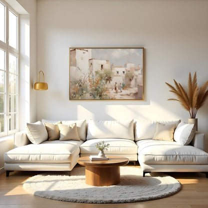Capture the tranquil essence of a Mediterranean village with this exquisite artwork. The soft for Living Room
