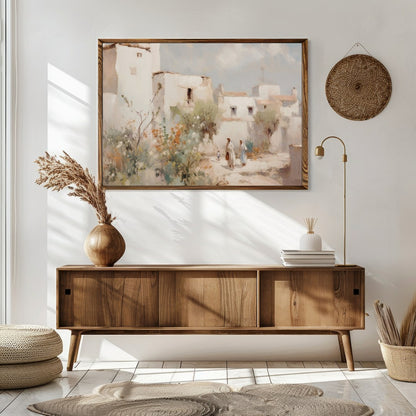 Capture the tranquil essence of a Mediterranean village with this exquisite artwork. The soft for Sitting Area
