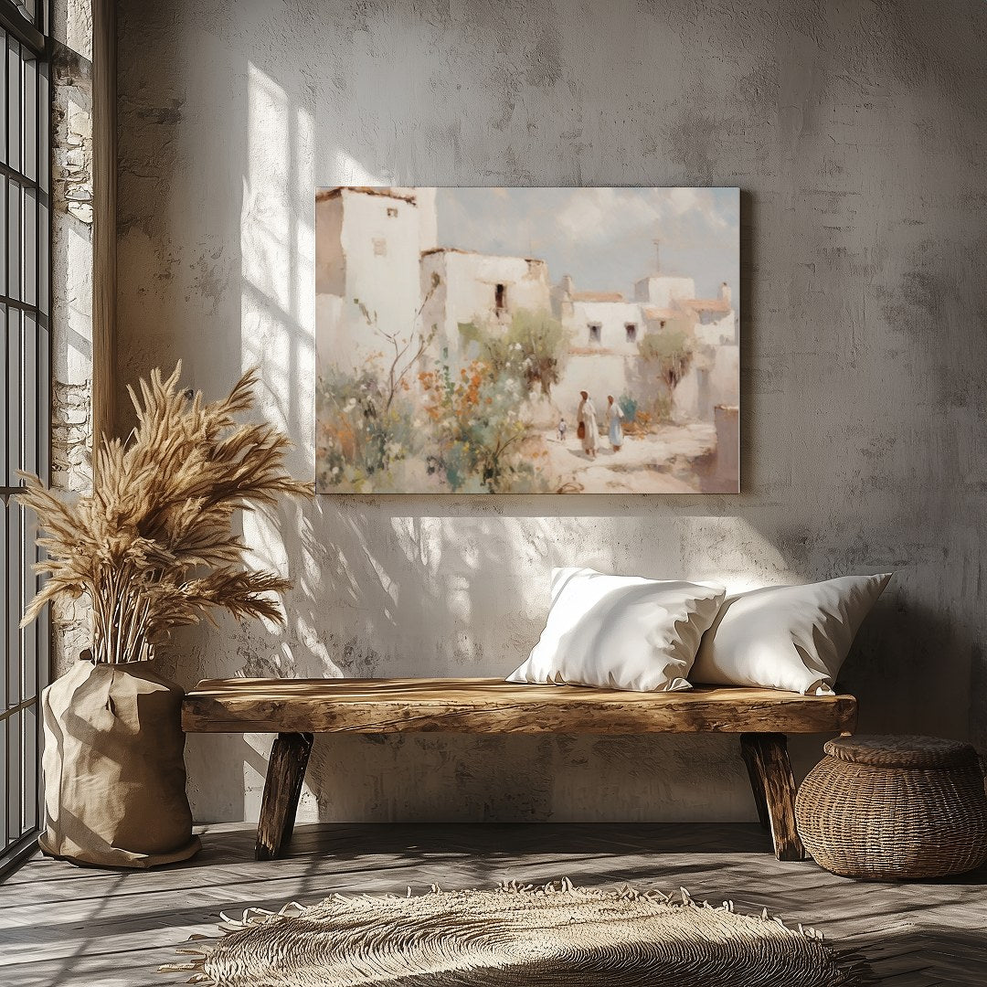 Capture the tranquil essence of a Mediterranean village with this exquisite artwork. The soft for Veranda