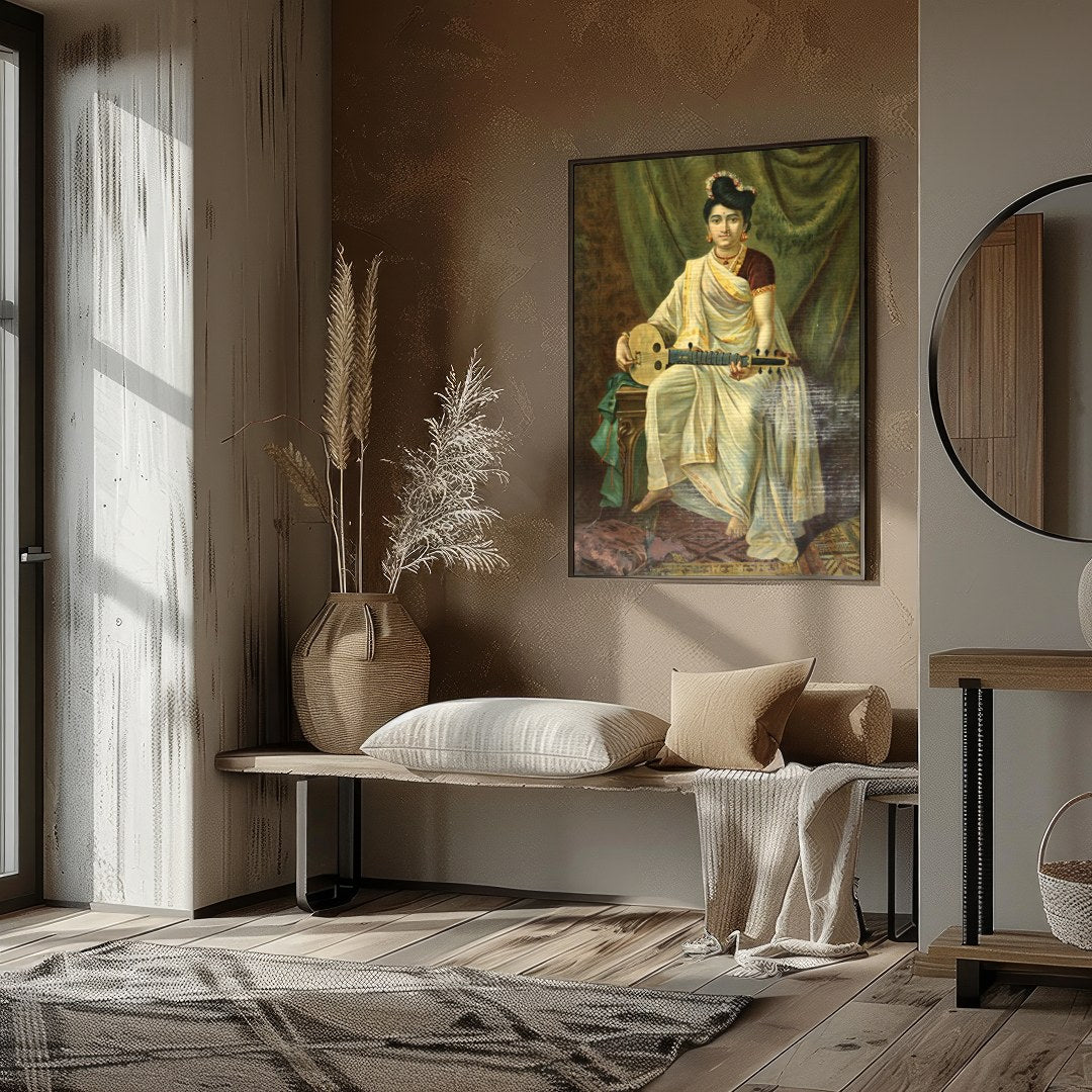 Immerse yourself in the grace of history with this stunning artwork depicting a poised musician. for space