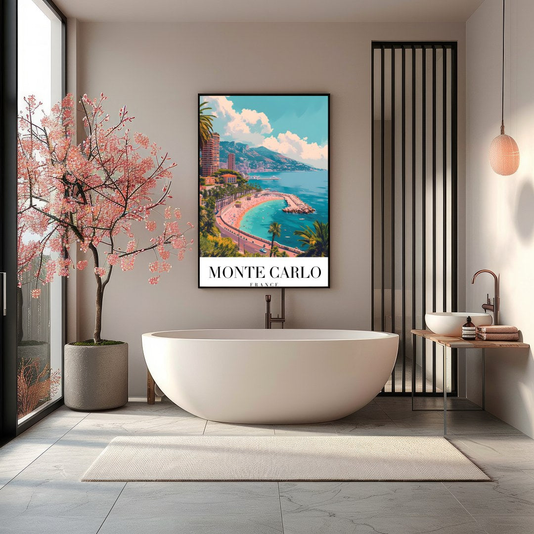 Experience the tranquil beauty of Monte Carlo with this stunning coastal artwork. The vibrant blues for Bathroom