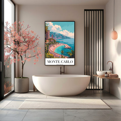 Experience the tranquil beauty of Monte Carlo with this stunning coastal artwork. The vibrant blues for Bathroom