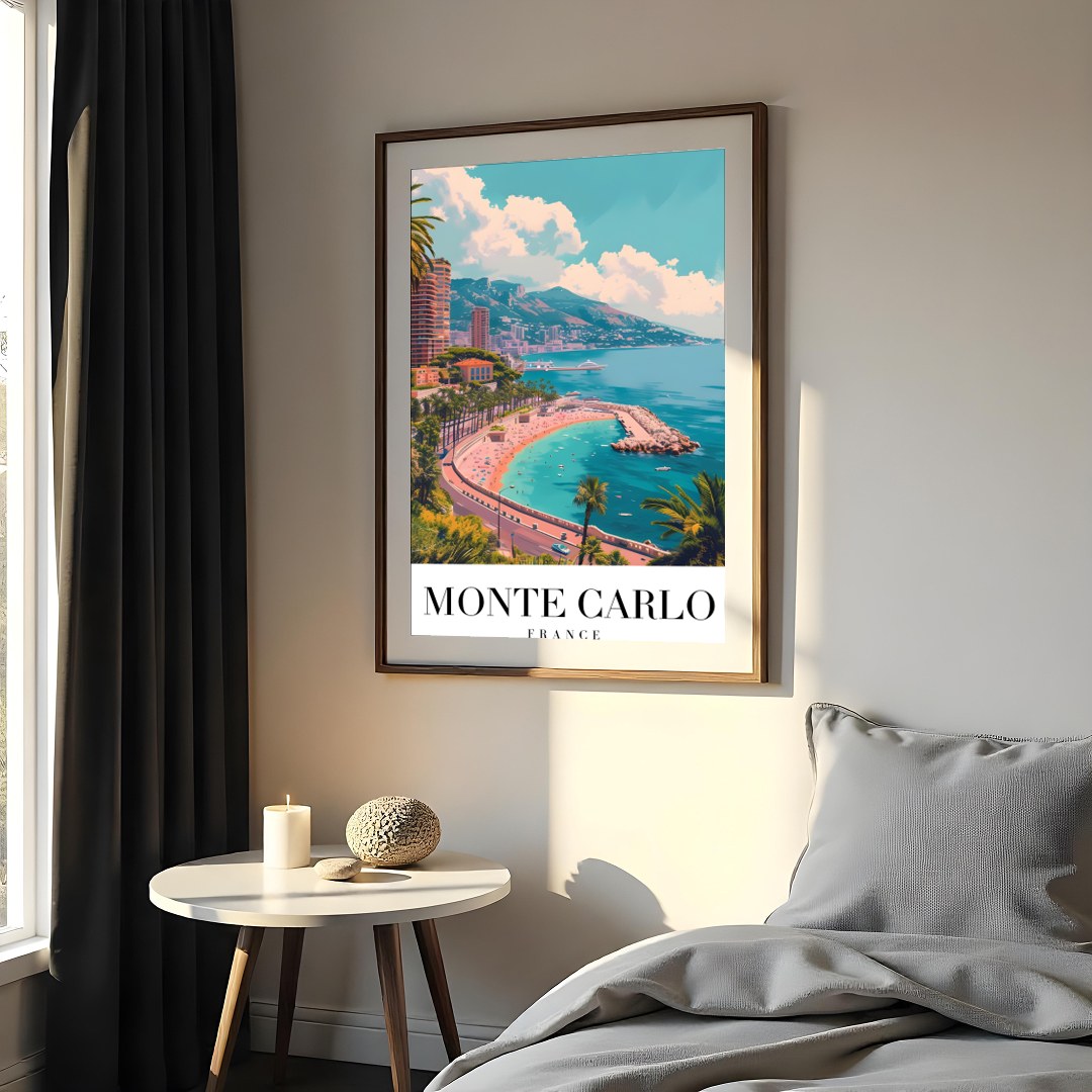 Experience the tranquil beauty of Monte Carlo with this stunning coastal artwork. The vibrant blues for Bedroom