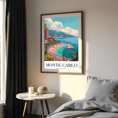 Experience the tranquil beauty of Monte Carlo with this stunning coastal artwork. The vibrant blues for Bedroom