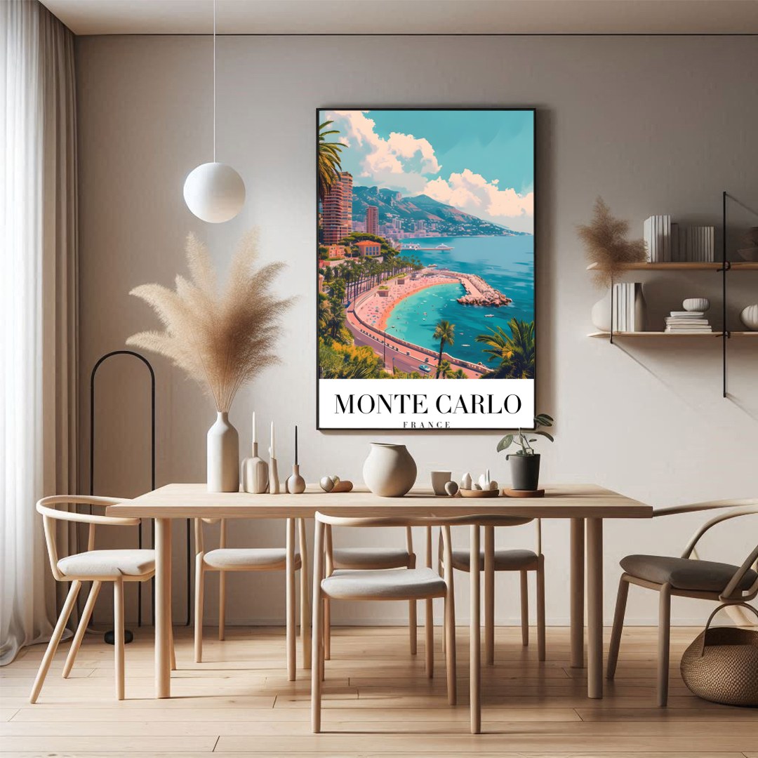 Experience the tranquil beauty of Monte Carlo with this stunning coastal artwork. The vibrant blues for Dining
