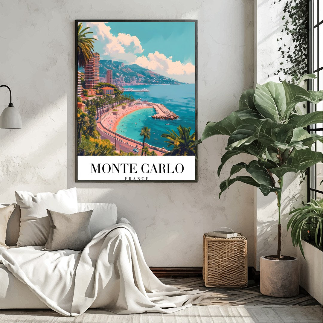 Experience the tranquil beauty of Monte Carlo with this stunning coastal artwork. The vibrant blues for Living Room