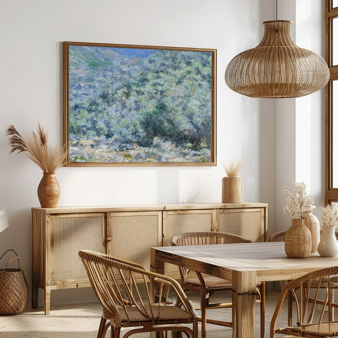 Immerse yourself in the tranquil beauty of this mountain landscape, expertly capturing the essence for Dining