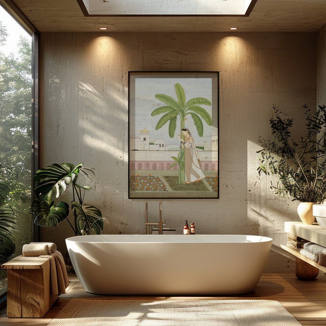Delve into the tranquility of classical elegance with this intricate Mughal miniature-style for Bathroom