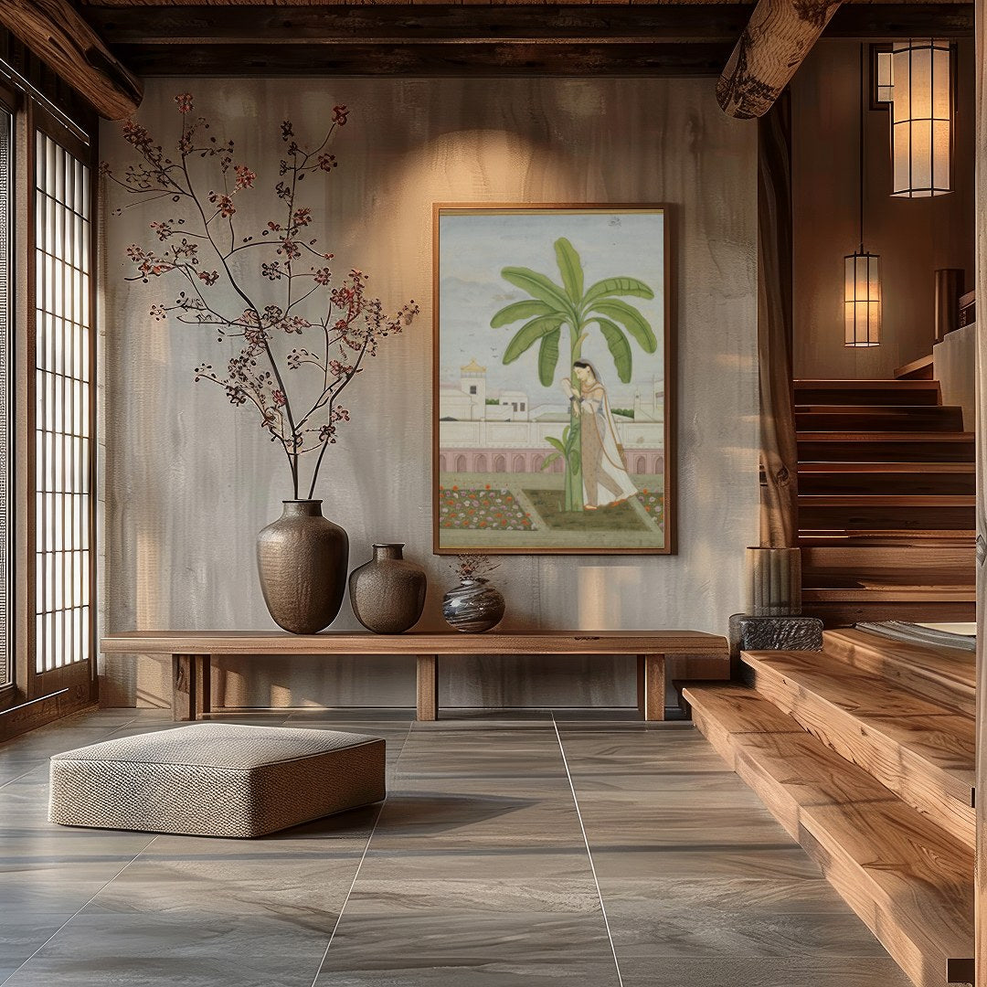 Delve into the tranquility of classical elegance with this intricate Mughal miniature-style for Hall
