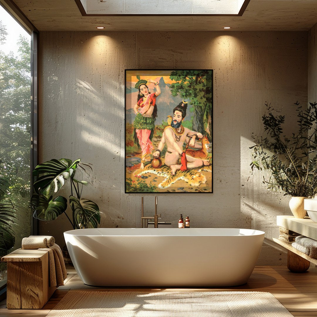 Immerse yourself in the captivating allure of this vibrant artwork showcasing a serene encounter for Bathroom