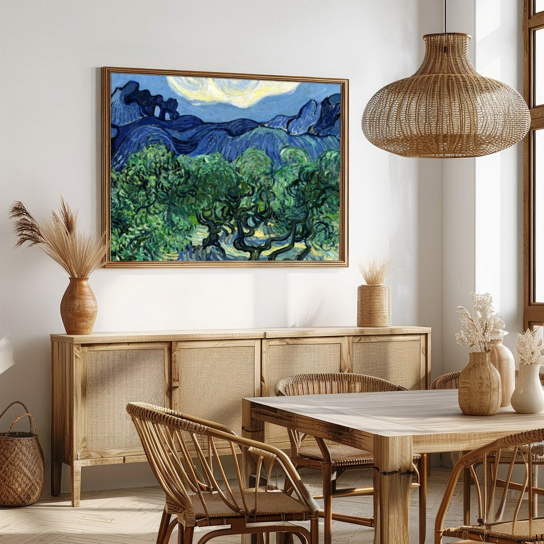 Capture the essence of a tranquil night with this vibrant artwork, depicting swirling clouds over for Dining