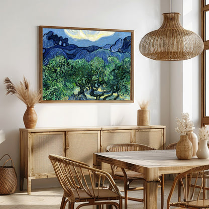 Capture the essence of a tranquil night with this vibrant artwork, depicting swirling clouds over for Dining