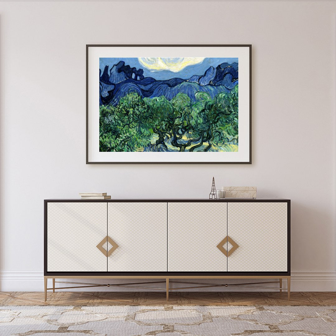 Capture the essence of a tranquil night with this vibrant artwork, depicting swirling clouds over for Foyer