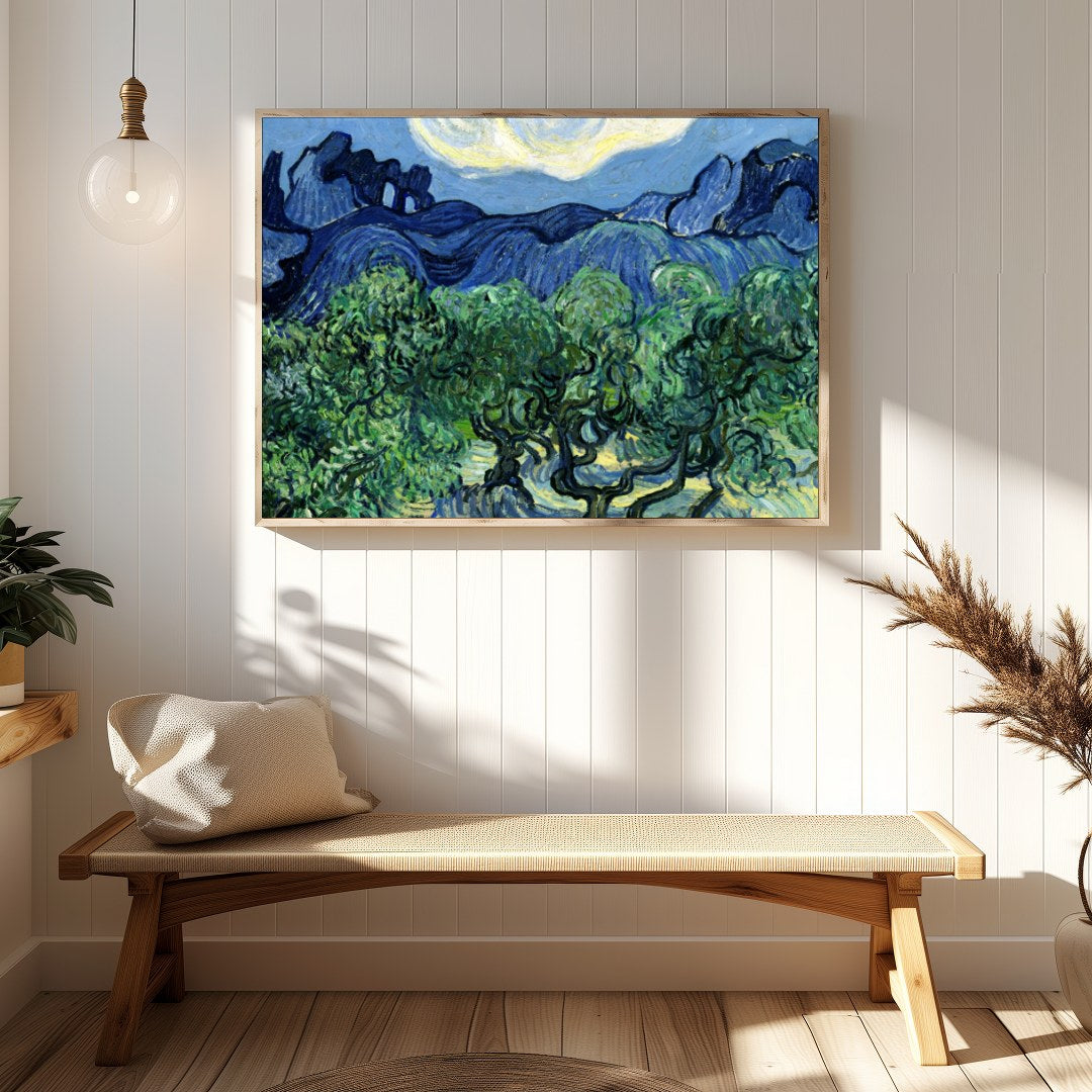 Capture the essence of a tranquil night with this vibrant artwork, depicting swirling clouds over for Hallway