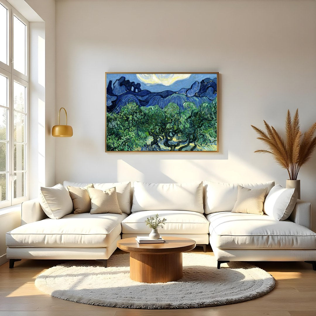 Capture the essence of a tranquil night with this vibrant artwork, depicting swirling clouds over for Living Room