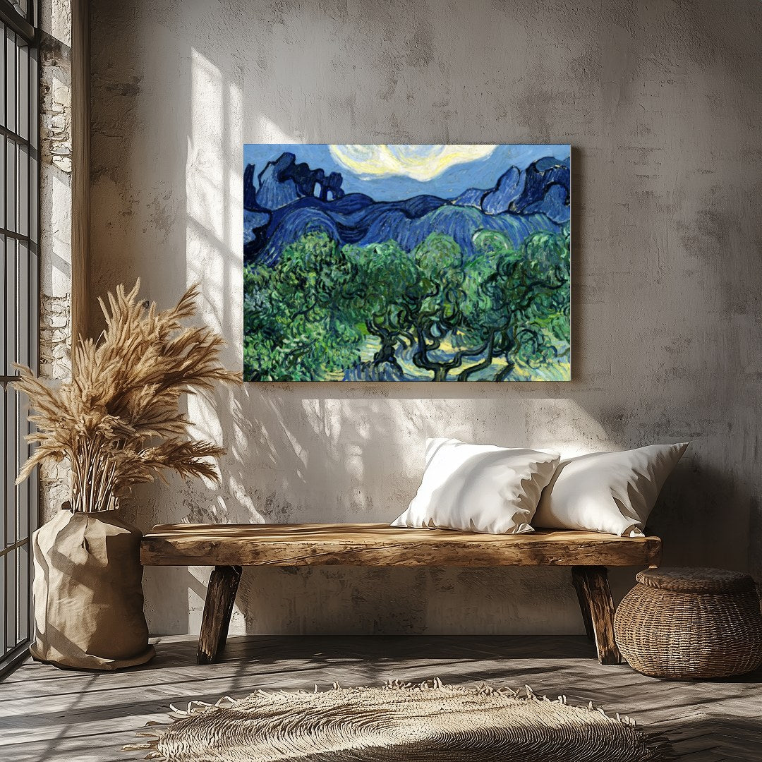 Capture the essence of a tranquil night with this vibrant artwork, depicting swirling clouds over for Veranda