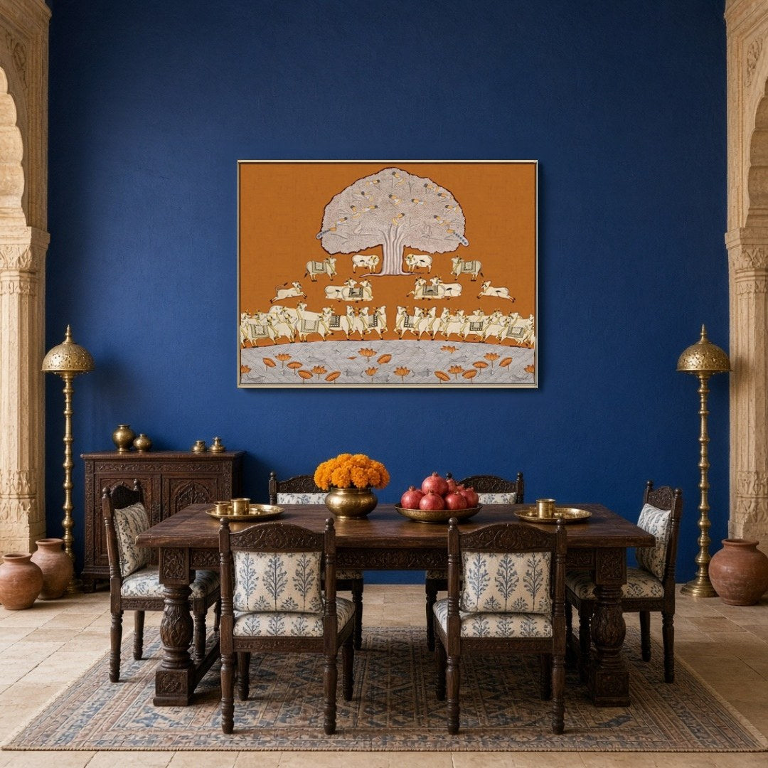 This exquisite Pichwai art piece presents a tranquil scene with a magnificent Tree of Life, for Dining