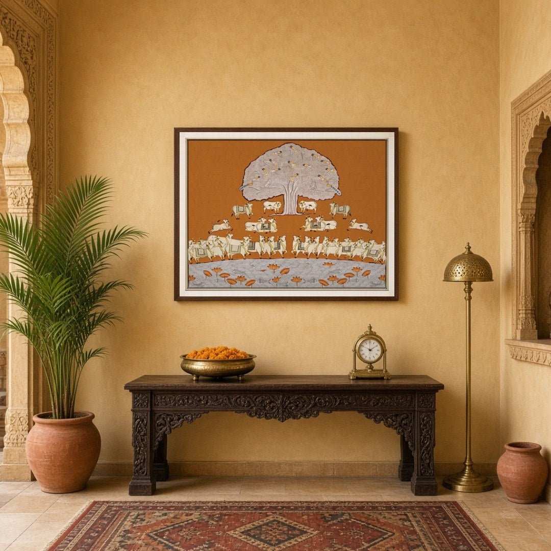 This exquisite Pichwai art piece presents a tranquil scene with a magnificent Tree of Life, for Entrance