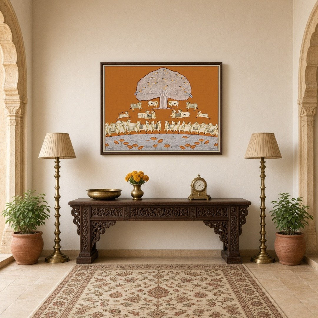 This exquisite Pichwai art piece presents a tranquil scene with a magnificent Tree of Life, for Hallway